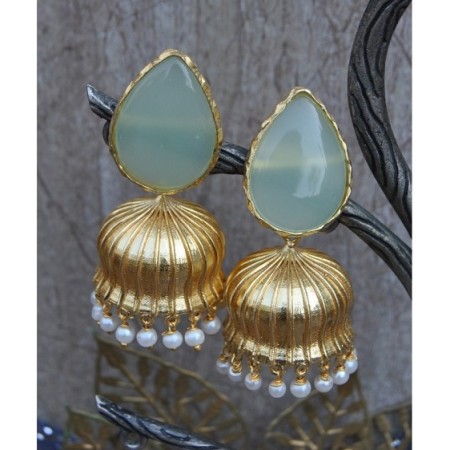 Aqua Chalcedony Paan Semi-precious 18K Gold Plated Jhumka Earrings 